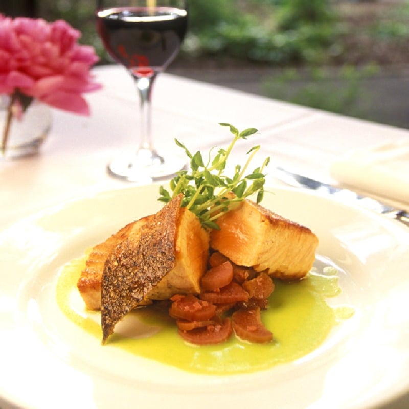 Salt baked salmon with spring peas and rhubarb chutney 