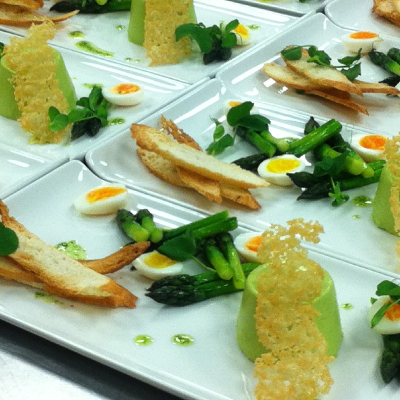 Spring asparagus flan with quail eggs and parmesan tuile