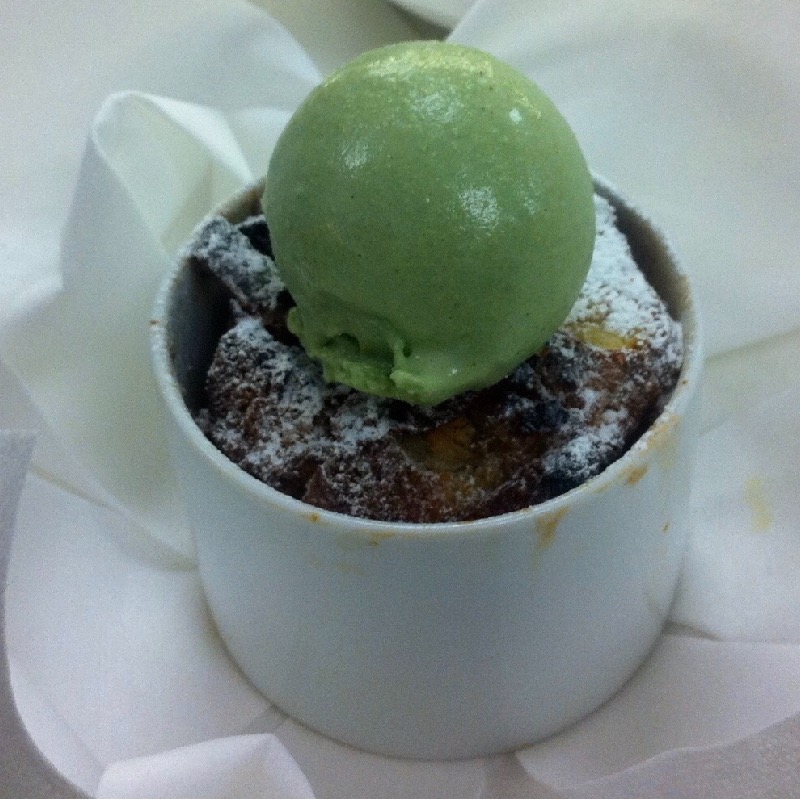 Apricot bread pudding with pistachio ice cream 