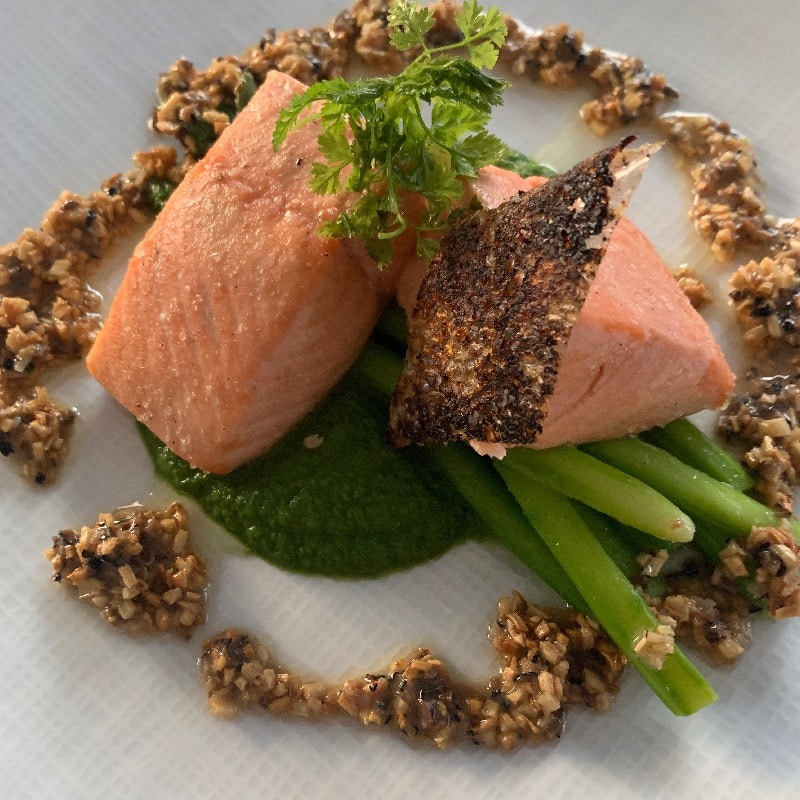 Salt baked Wild king salmon with asparagus black truffle and sunchokes 