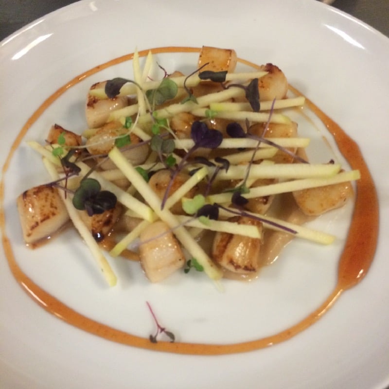 Seared bay scallops with variations of apple