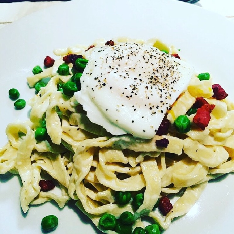 Fresh fettuccine (pictured with english peas and pancetta)