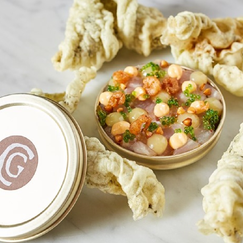 seabass tartare with lemon, shrimp mayo and seaweed crackers